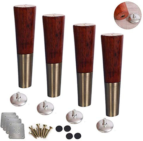 Möbelfüße aus Holz Set mit 4 Sofafüßen aus natürlichem Massivholz, höhenverstellbaren Möbelbeinen, Unterschrankfüßen aus Messing, Couchtischbeinen, Sofabetten, mit Montageplatte und Schrauben(30cm/11.