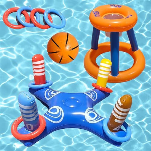 dellyy 2Pcs Wasser Aufblasbare Spielzeuge, mit 1 Basketball und 4 Wurfkörben, Wasserspiel Basketball, Ringwurfspiel Kinder, 2 In 1 Aufblasbare Wasserspielzeug, für Kinder, Erwachsene und Familien