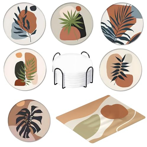 6 Stück Glasuntersetzer mit Halter + Abtropfmatte Geschirr | Weiße Keramik-Getränkeuntersetzer (Ø10,3cm) & Kieselgur-Abtropfmatte 30x40cm | rutschfest & Hitzebeständig für Küche/Party