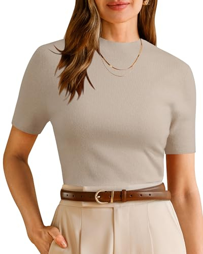 Arach&Cloz Womens Tops Seamless Soft Business Jumpers Wool Blend Knit Short Sleeve Basic Top Work Outfits(Beige, L)