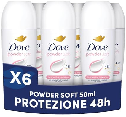 Dove Deodorante Roll On Classic Care Powder, Deodorante Antitraspirante Roll On, Protezione Fino a 48 Ore, con 1/4 di Crema Idratante, Formula Delicata, Deodorante Uomo e Donna, 6 Pezzi da 50 ml