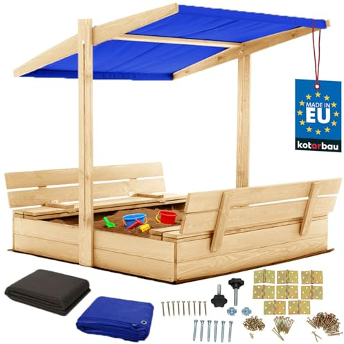 KOTARBAU® Bac à Sable Enfant Extérieur - Bois de Pin - 120 x 120 cm - Naturel - Bac à Sable avec Couvercle - et Bancs Pliables - Protection Solaire - avec Toit Bleu