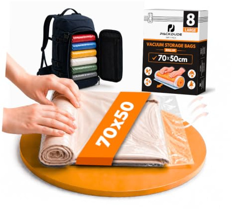PACKDUDE Vakuumbeutel Reise zum Rollen I 8 STÜCK I Größe L: 70x50cm I Vakuumbeutel für Kleidung Reise I Vacuum Bags for Clothing Travel I Kompressionsbeutel ohne Ventil für Koffer & Rucksack