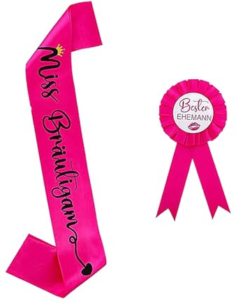 Männer JGA Accessoires set,Junggesellenabschied Männer Miss Bräutigam Schärpe und Ehemann Abzeichen 2-Teilig,Poltern männer Deko – Miss Bräutigam Schärpe & Abzeichen,Accessoires für den Polterabend