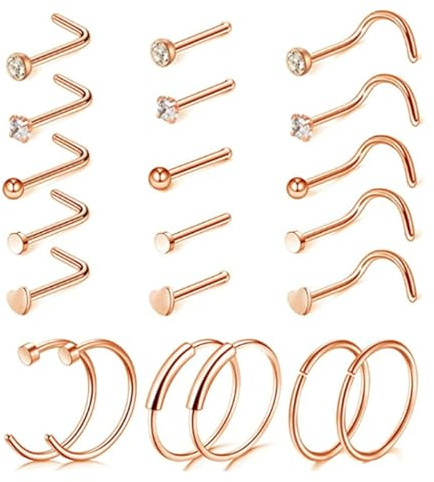 LOCCY 21-30 Stück 20G Nasenpiercing, 316L Edelstahl Nasenring Nasenstecker Silber/Gold Screw/Straight/L-Form Nasenpiercing mit Zirkonia Nostril Piercing Schmuck für Frauen Männer