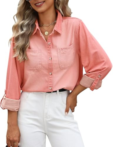 CMTOP Camicia Donna Camicetta Manica Lunga Loose Camicia Jeans Elegante Bottoni Scollo a V Tunica Blusa Basic Jacket Maglietta Primavera Autunno Giacca Shirt Top (Rosa, M)