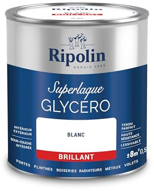 RIPOLIN Peinture Laque Glycéro Intérieure/Extérieure Brillant Blanc 0,5 L | Tendu, Résistance Accrue, Très Lessivable, Résistance aux Taches, Finition Brillante, Intérieur/Extérieur, Brillant