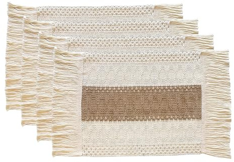 Komforbaa 4er Set Tischsets Boho mit Fransen, 45x30cm Platzsets Baumwolle Leinen Waschbar & rutschfest, Hitzebeständige Platzdeckchen für Küche & Esstisch, Braun