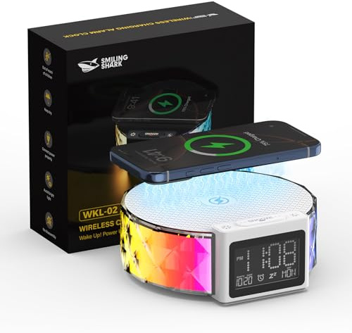 Smiling Shark Lichtwecker, Nachttischlampe Wecker Kabelloser Ladestation mit Touch Steuerung 3 Stufen und RGB-Modus LCD-Display Ladegerät Wecker Licht Nachttischlampen für Schlafzimmer Zuhause-Deko | WKL-02 Nachttischwecker Licht mit 3 Nachtlichtern und RGB-Modus, Nachtlicht-Wecker, Aufladen für schwere Schlafzimmer
