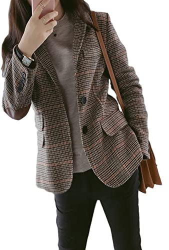 Veste en tweed à carreaux pour femme - Blazer boyfriend à simple boutonnage - Veste avec coude patché