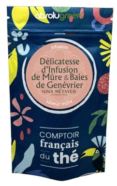 Délicatesse d’Infusion Mûre & Baies de Genévrier par Nina Métayer – Comptoir Français du Thé – Mélange Fruité & Boisé en Vrac 80g – Saveurs Naturelles de Mûre, Genévrier & Sauge