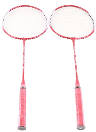 LUCKDANO Badmintonschläger-Set, 2 Schläger, Superleichte Eisenlegierung mit Elastischem Mittelstab und T-förmiger Unterstützung, für Anfänger, Drinnen und Draußen (Rot)