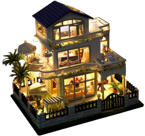 Kleine Villa aus Holz, handgefertigte Bastelsets mit LED, Miniatur-Hausset, robustes DIY-Projekt, spezielles pädagogisches Spielzeug | Geschenk zum Basteln