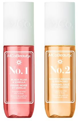 MCoBeauty - Fragrance Duo Bundle – No.1 & No.2 - Body & Hair Mists, Plum, Vanilla, Pistachio, Caramel & Sandalwood Sweet Gourmand Scents - Light Fragrance for Women - Gift Set - 2 x 90ml