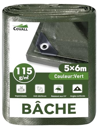 COVALL Green Tarpaulin 5m x 6m,115gsm Waterproof UV Resistant Heavy Duty Tarp