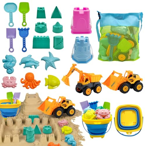 Qingning Giochi Spiaggia Bambini - 22 Pezzi, Set Giocattoli da Spiaggia con Secchio Piega, Escavatore, Bulldozer, Pala e Stampi, Borsa a Rete, Giochi di Sabbia all'Aperto per Bambini Ragazzo Ragazza