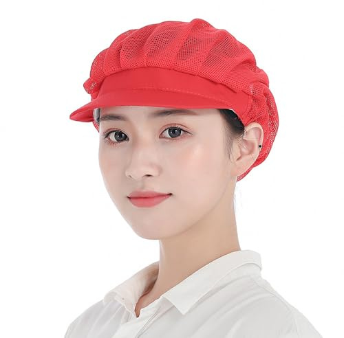 POFET 2 Stück Chef Kellner Mesh/Cotton Cap Restaurant Küche Workshop Haarnetz Kühlung Wiederverwendbare Bouffant Einstellbare Food Service Haar Hut Schutz Snoods - Rot