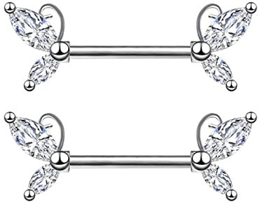 BODYA 2Pcs 1 Pair Stainless Steel Nipple Rings Nipple Nails with Cute Double Cubic Zirconia Butterfly Wing Bar Straight Barbell Body Piercing Jewelry for Women Girls
