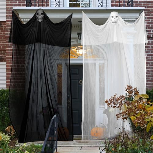 Pack de 2 Fantasmas Colgantes de Halloween, Decoraciones de Pared Aterradoras y Espeluznantes, Fantasmas de Gasa Voladora con Máscara de Esqueleto para