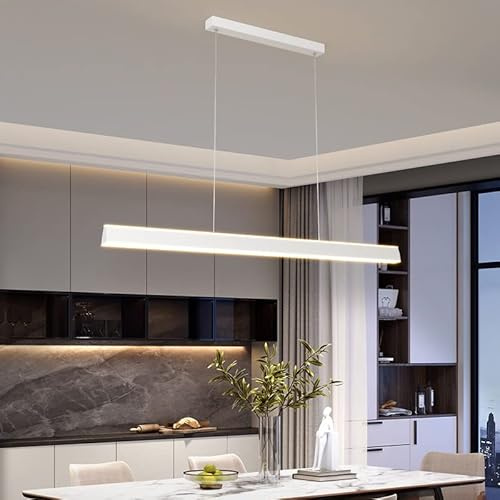 Bellastein LED Pendant Lamp Dining Table Pendant Lamp Modern Linear Design Living Room Chandelier Dimmable(3000K-6000K) with Remote Control Height Adjustable Ceiling Lamp (White, L80cm)