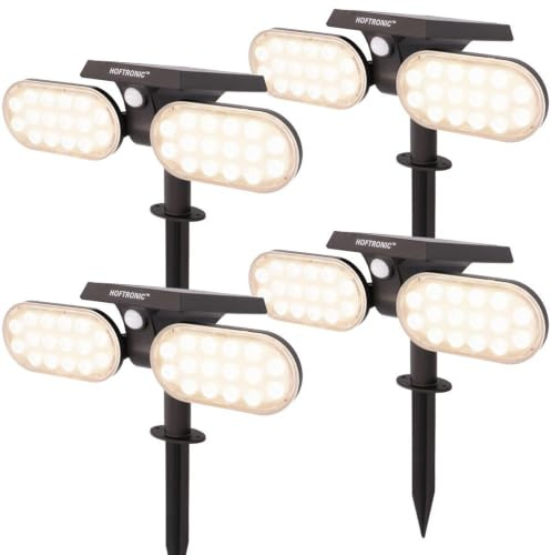 HOFTRONIC - Pato PIR - 4er LED Gartenstrahler Solar - mit Bewegungsmelder und Dämmerungsschalter - 3000K Warmweiß - IP65 Wasserdicht - 300 Lumen - Erdspießstrahler