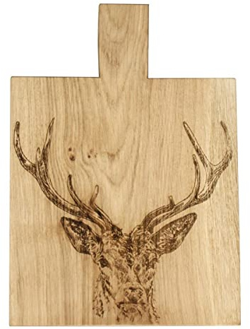 440s Selbrae House Schneidebrett mit Griff aus Eichen-Holz lasergraviert mit Hirsch ca. 35 cm L Servier-Platte aus Echt-Holz zum Schneiden und Anrichten für Fleisch, Wurst & Käse