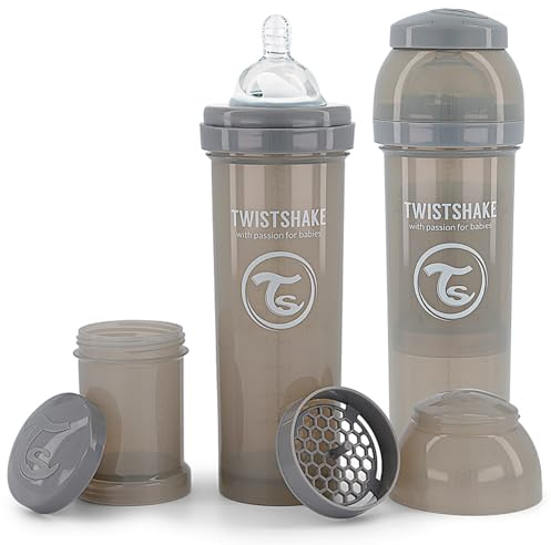 Twistshake 2-pack Anti-kolik Nappflaskor med Pulverbehållare och Mixernät - 330ml | Dinapp i silikon med långsamt flöde | BPA-fri Nappflaska | 4+ månader | Grå