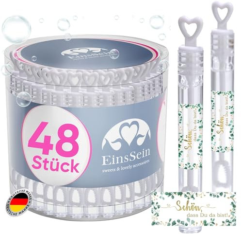 EinsSein 48x Seifenblasen Hochzeit | weiße Herzseifenblasen Fläschchen mit Gold-grün,Schön, DASS du da bist“ Aufkleber | Hochzeitsseifenblasen & Hochzeit Gastgeschenke für Deko