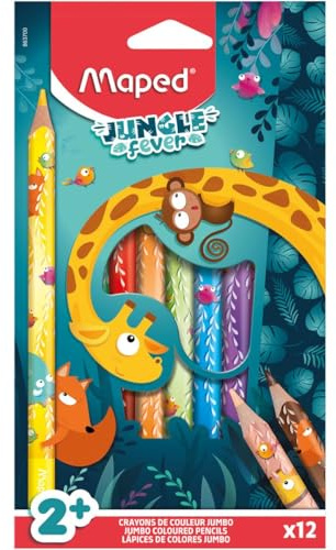 Maped - Wachsmalstifte JUNGLE FEVER JUMBO - für die Jüngsten entwickelt -ab dem 2. Lebensjahr - Box mit 12 Jumbo-Wachsmalstiften