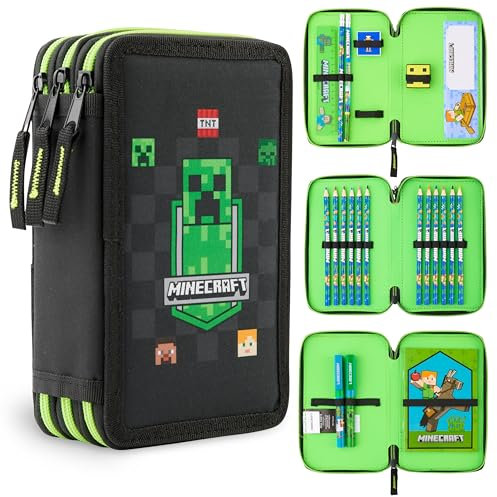 Minecraft Federmäppchen Jungen und Mädchen Mäppchen Gefüllt Creeper Federmappe mit Schreibwaren Gamer Geschenke für Kinder und Teenager (Schwarz AOP)