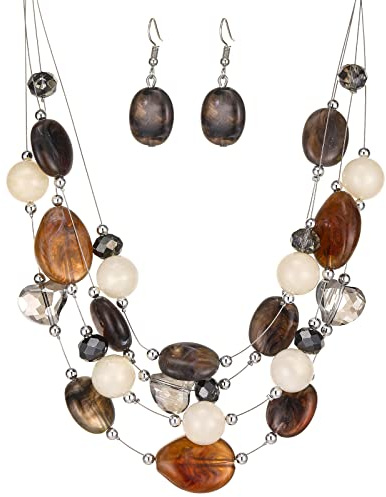 FULU AUTUMN Boho Mehrschichtige Perlenkette Damen Perlen Statement Kette und Ohrringe Set Modeschmuck für Mütter Frau Oma Mode Geschenke