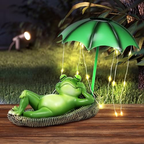 Solar Frog Statues Garden Ornaments Outdoor Garden Decoration Lazy Frog and Umbrella Figurine Waterproof Resin LED Lights Decor for Home Patio Balcony Yard Housewarming Gifts Mothers Gifts for Mum