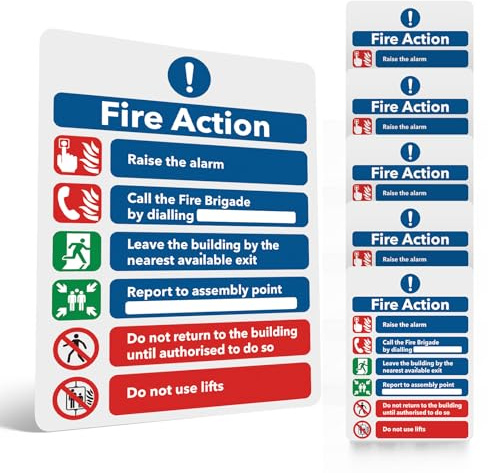 5 Pack Fire Action Notice Safety Signs, 200 x 150mm Vinyl Stickers | Self-Adhesive Matte Vinyl, UV Printed With Clear Alarm Guidelines For Fire Evacuation Procedures And Indoor Use