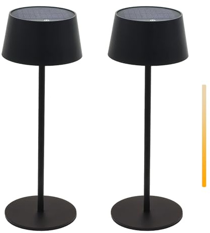 ANTELA Solar Tischlampe Kabellos Dimmbare LED Tischleuchte Outdoor, Aufladbar Warmweißes Licht 3000K Metallmaterial für InnenAußen Restaurant/Schlafzimmer/Bar,IP44,Schwarz,2PCs