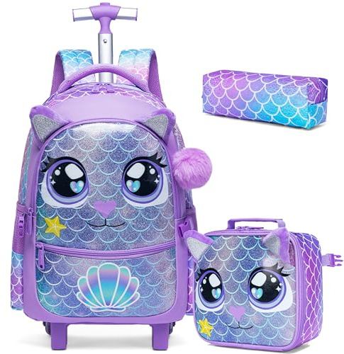 HTgroce Sac Fille 3 en 1 Sac à Dos avec Roulettes Primaire, Cartable Roulette Bagages Cabine Voyage Enfant
