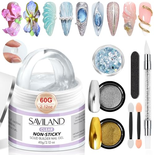 Saviland Clear Solid Builder Gels: 60g Large Capacity 3D Sculpting Nail gel | Non-Sticky Hard Nail Extension Gel With Sequins Chrome Powder Long Lasting 3D Nail Gel for Carving Patterns Decoration