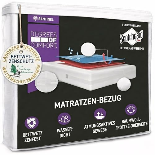 Degrees of Comfort Matratzenbezug 90 x 200 x15 cm – 6-Seiten Rundumschutz, 3M Scotchgard Fleckenschutz, Terry-Cotton, Wasserdichtes Encasing mit Reißverschluss