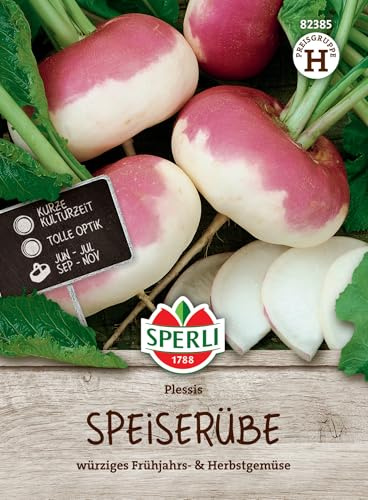 Sperli Speiserüben Samen Plessis, F1 82385 - würziges Frühjahrs- & Herbstgemüse - Inhalt für 25 bis 30 lfd. Meter - Samen Gemüse, Gemüsesamen, Saatgut | wuerzig im Geschmack, Aussaat im Fruehjahr und Herbst, ertragreiche F1-Sorte, einfache Aussaat, ergiebige Saatgutmenge