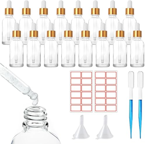 SuQurtom 16Pcs 30ml Glass Dropper Bottles, Clear glass Bottle with Dropper Pipette, Funnels and Labels, Empty Glass Bottles Refillable Sample Container for Essential Oil, Perfumes, Aromatherapy