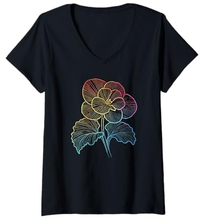 Donna Colorato Line Art Fiori di Begonia Maglietta con Collo a V