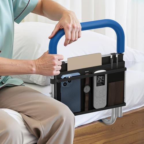 Loyoda Bed Rails for Elderly Adults Safety, Height Adjustable Bed Assist Rail for Seniors with Storage Organizer and Non-Slip Handle, Bedside Fall Prevent Grab Bar
