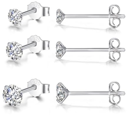 Bewenda Ohrstecker Silber 925, 3 Paare Rund Ohrringe Set, Hypoallergen Cubic Zirkonia, Klein Schlafen Knorpel 3/4/5mm, Klassisch Ohrschmuck für Mädchen Damen