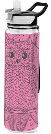 Mnsruu Transparente Sport-Wasserflasche mit Strohhalm, auslaufsichere Trinkflasche, Mandala mit ethnischer Eule, Hot Pink, Fahrradflaschen für Sport, Büro, Schule, BPA-freier Tritan-Kunststoff, 1