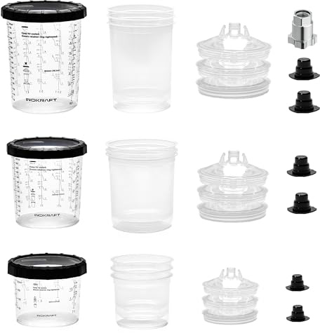 InoKraft Gobelet jetable pour pistolet pulvérisateur de peinture, 3 tailles de gobelet 177 ml, 628 ml, 833 ml Ensemble de pack varié, 3 embouts et filtres à couvercle de chaque taille, 3 gobelets