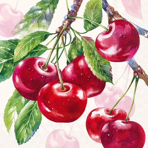IHR Ideal Home Range Servietten - Motiv : CHERRY FRUITS cream - Kirschen - Cocktail 25x25 cm - 20 Stück