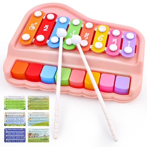 Baby Piano Xylophone Toy for Toddlers Age 1-3, 2-in-1 Montessori Musical Toy with 8 Colorful Keys Pink, Educational Gift for 1+ Year Old Girls