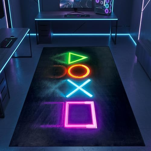 CARPETIA Alfombra Gaming Room Antideslizante neón Plana fácil Cuidado Lavable Resistente habitación Juvenil salón decoración Moderna Elegante en Colores Negro & neón 50 x 90 cm