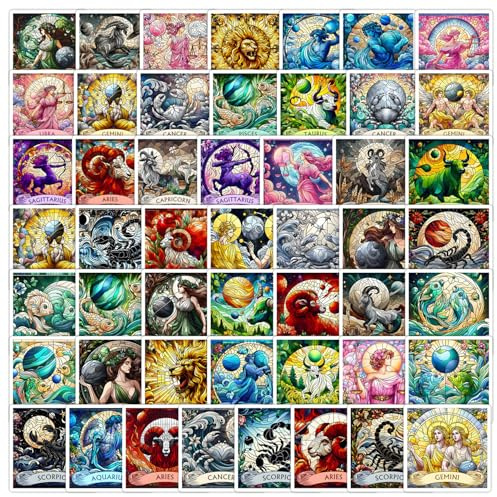 Der Zodiac Aufkleber 50 Stück Vinyl Cartoon Konstellationen Sticker für Wasserflaschen Laptop Skateboard Scrapbook Fahrrad Auto Gitarre Gepäck,Funny Trendy Sternzeichen Sticker für Erwachsene Mädchen