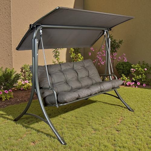 SUNJOY 3-Seat Deluxe Outdoor Porch Swing, Outdoor Patio Garden Swing with Steel Frame, Adjustable Canopy, Cushions & Backrest Included for Garden, Poolside, Backyard, Grey - Made in Italy
