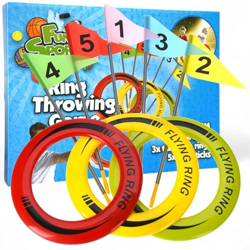 MIJOMA Ringwurfspiel für Kinder & Familien – Outdoor Spiel mit 3 Wurfringen & 5 Ziel-Fähnchen – Wurfspiel für Garten, Park & Strand – Ringwurf-Set Ø 25cm – Wurfspielzeug für draußen